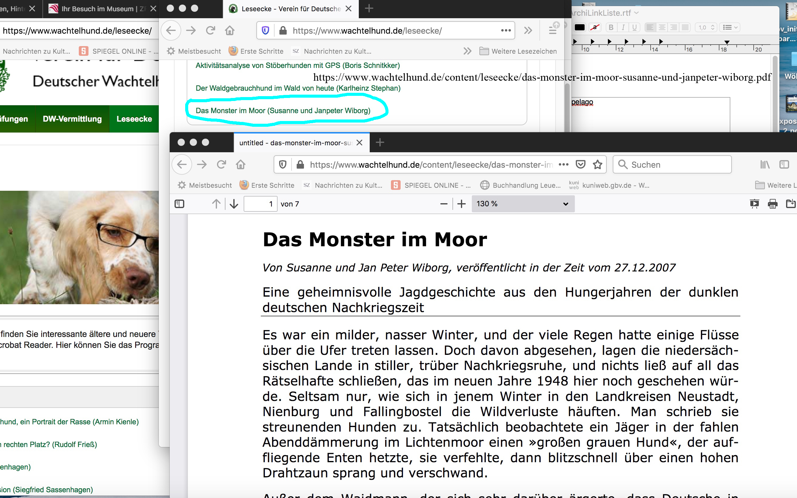 Susanne und Jan Wiborg: Das Monster im Moor. Eine geheimnisvolle Jagdgeschichte aus den Hungerjahren der dunklen deutschen Nachkriegszeit. wachtelhund.de. 2007.